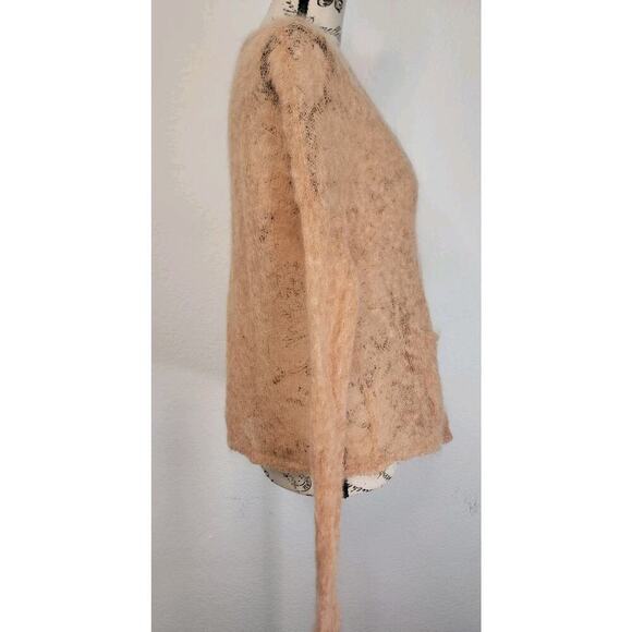 Obey Sweater Cardigan Womens Small Fuzzy Mohair Blend Tan Sheer Delicate - Picture 5 of 11